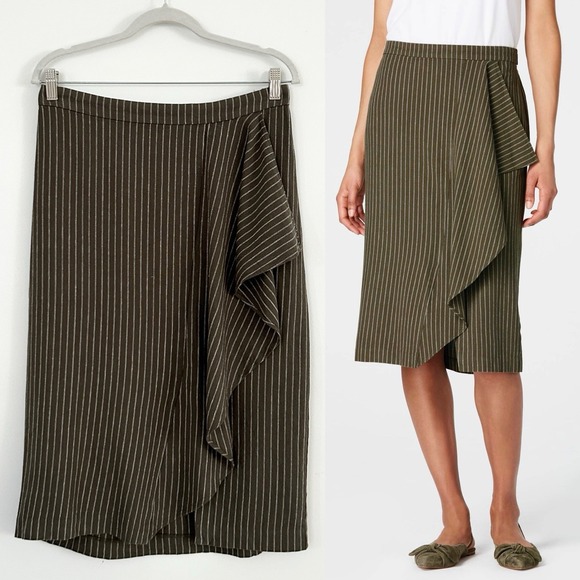 J. Jill Dresses & Skirts - J. Jill Women S Moss Green Asymmetric Drape Front Pinstripe Linen Midi Skirt NWT